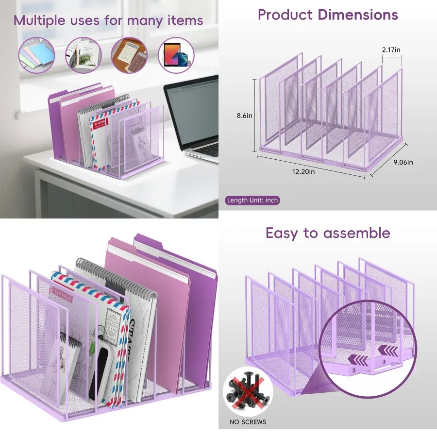 

5-Section Vertical File Sorter with Standing Metal Paper Holder Organizer for Office Home Classroom Desk Storage Purple - Effic