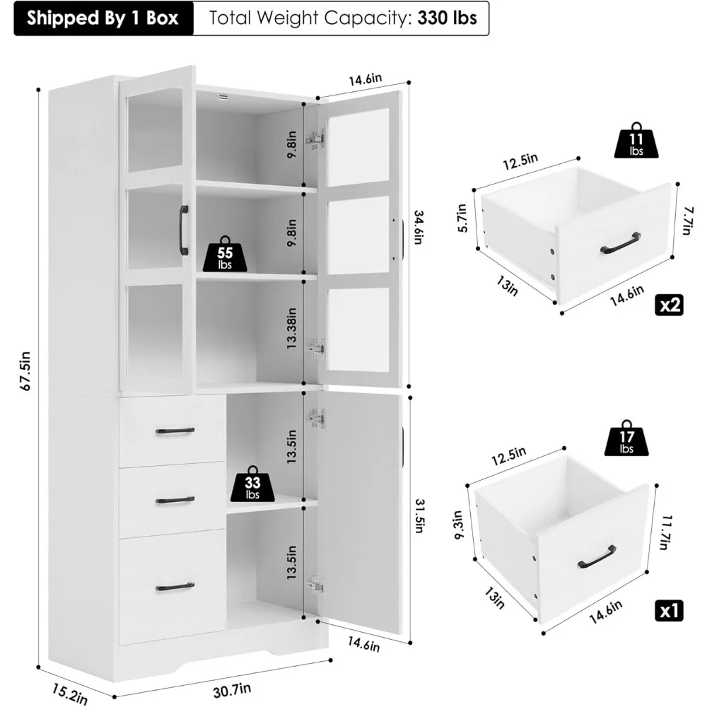 Hoher Badezimmerschrank mit Glastüren und Regalen, 67,6 cm moderner hoher Schrank mit 3 Schubladen, Leinenschränke, Weiß