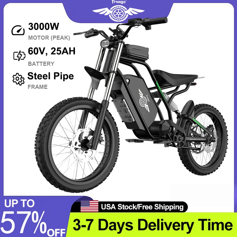 

Freego Nova 3 Electric Bicycle Dual-Mode 3000W Mid-Drive All-Terrain Dirt eBike 60V/25Ah Battery Hydraulic Brake 17x3.15 Tire