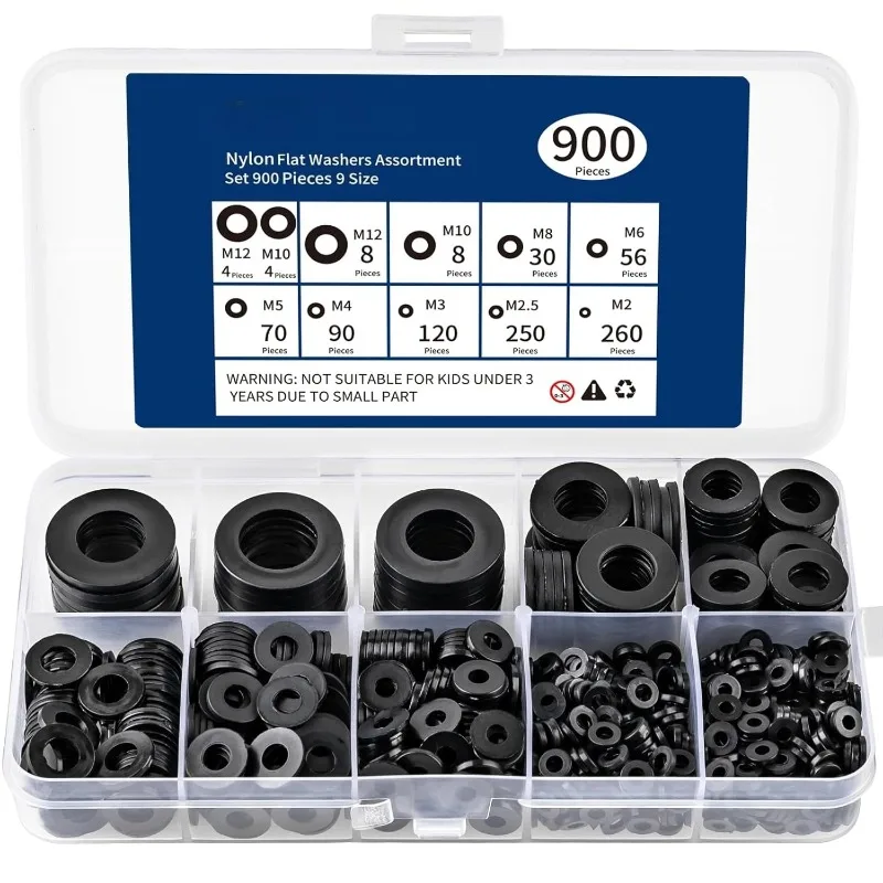 900Pcs Black Plastic Flat Washers Assortment Kit For Bolts and Screws M2-M12 Screw Washers Set Sealing Gasket