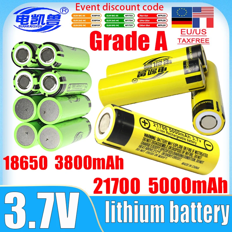 2-400PCS New 3.7V 18650 3800mAh 21700 5000mAh 3C 12A 15A DIY Strong Flashlight Power Supply Flat Head Power Lithium-Ion Battery
