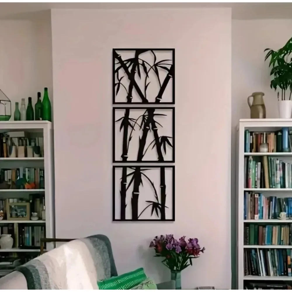 

3-Piece Black Metal Bamboo Wall Art, Minimalist Iron Decor for Living Room, Pre-Drilled Easy to Hang