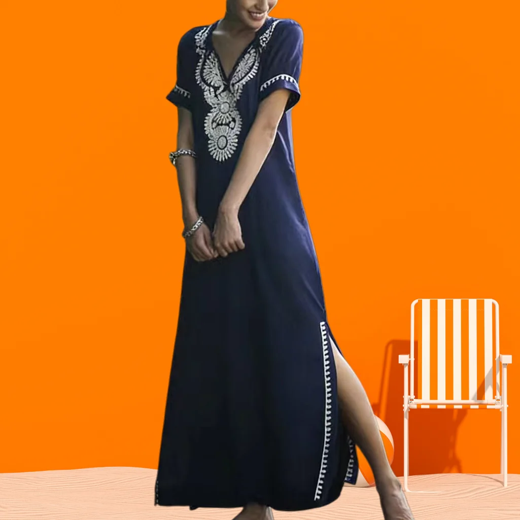 

Women's Navy Blue Embroidered Maxi Kaftan Dress Beach Cover Up Fashion V-Neck Summer Resort Wear