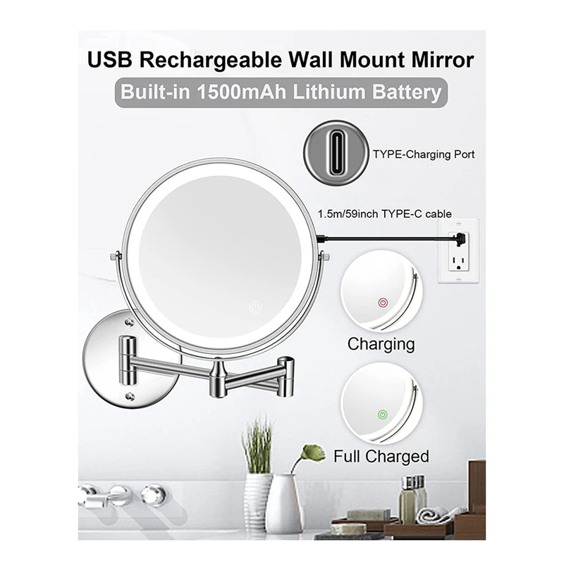 8In Chargeable Wall Mounted Vanity/Bathroom Double Side Mirror 1X/10X Enlarge LED&3Color Temp Touch Screen 360° Rotat