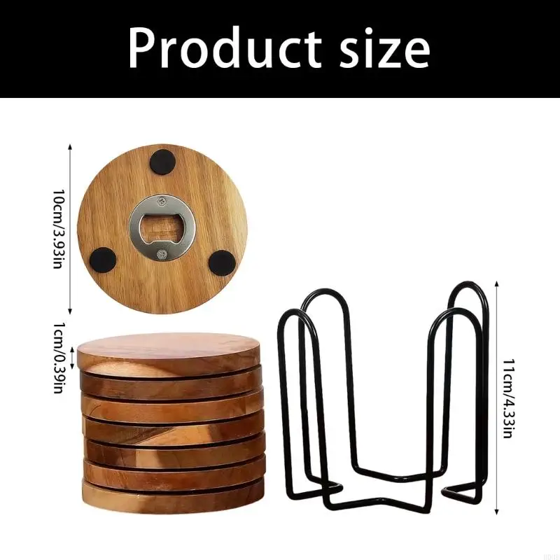Holzuntersetzer mit Lagerregal, Flaschenöffner für Bier und Getränkebecher, Matte für Zuhause, Küche, Büro und Außenbereich B03E – Detail 6