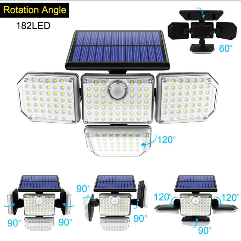 Solar Lights Outdoor 182/141 LED Wall Lamp with Adjustable 4 Heads Security Flood Light Remote Control Lighting IP65 Waterproof