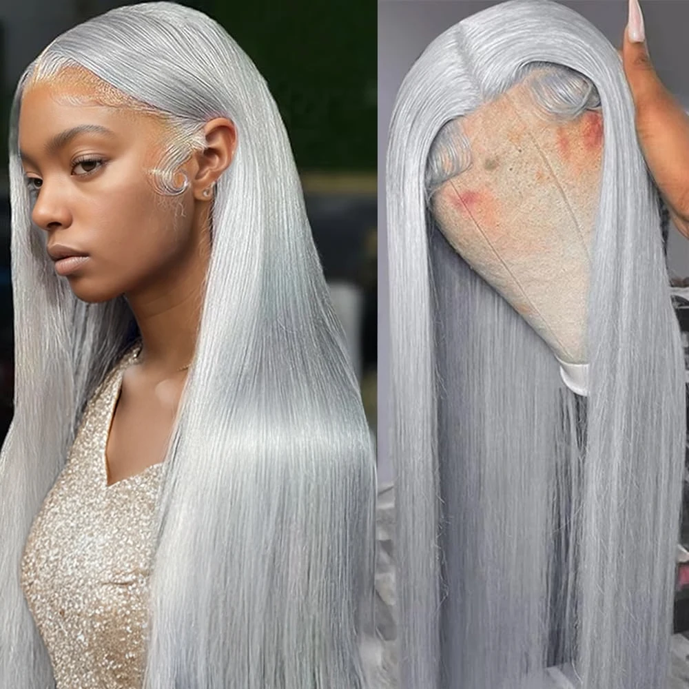

190 Density Silver Grey Bone Straight 13x6 Lace Frontal Wigs Human Hair Pre Plucked 30 Inch Colored 13x4 Human Hair Wigs On Sale