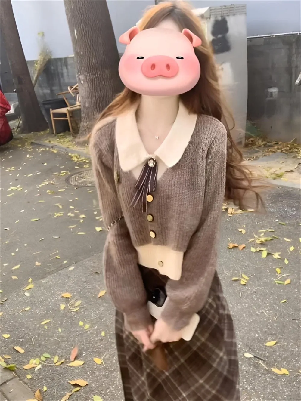 Fashionable Knitted Sweater And Plaid  Skirt Set Small Size  Style Autumn Winter New Arrival Women's Ensemble