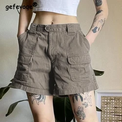 2024 Summer Women American Vintage Y2K Harajuku Straight Cargo Shorts Female Casual Streetwear Gothic Pockets Denim Short Pants