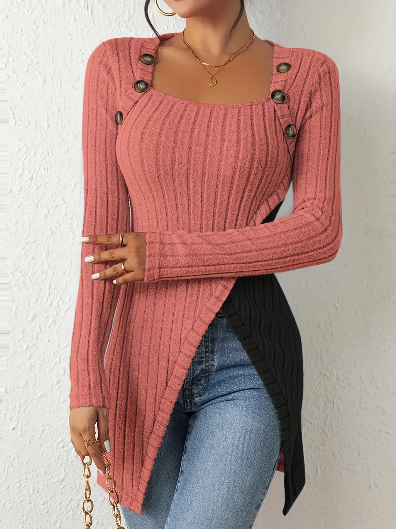 Elegant and directional women\'s fashion pit stripe square collar with contrasting irregular button long sleeves