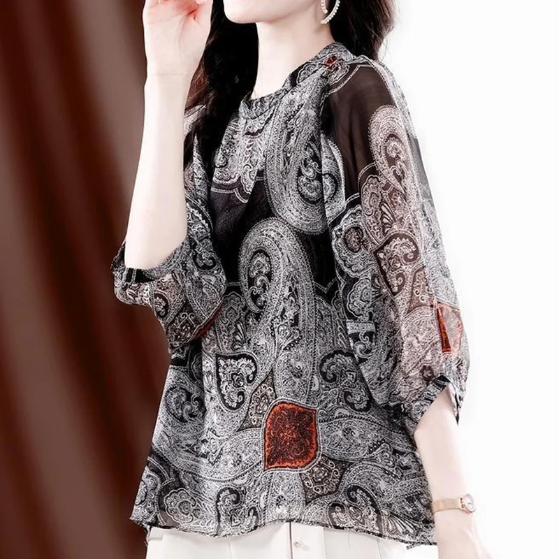 Elegant Fashion Casual Printed Gauze Chiffon Shirt Summer Autumn 2023 Half Sleeve O-Neck Loose Pullovers Blouse Women\'s Clothing