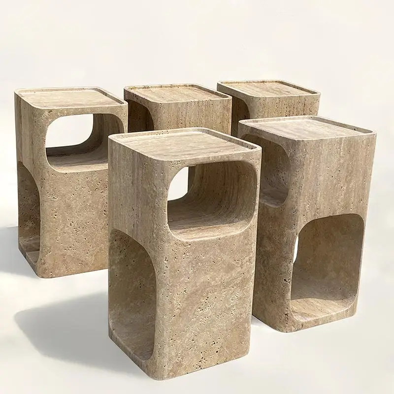 Nordic Travertine Bedside Table - Wabi-Sabi Natural Marble Nightstand w/ Artistic Design for Living Room & Bedroom Decor