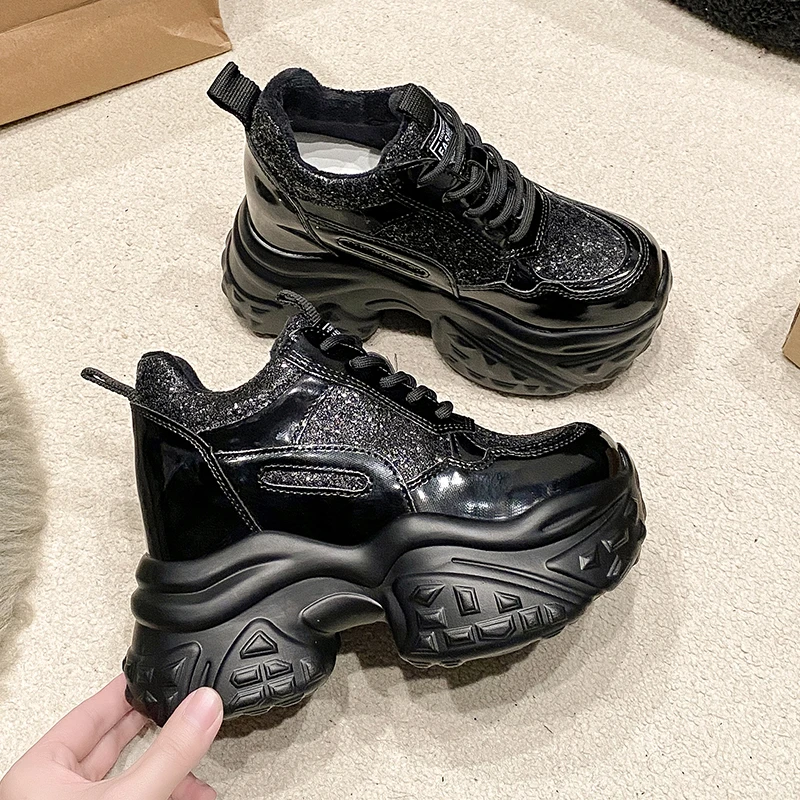 

New Spring Breathable Women Sneakers 10CM High Heels Bling Wedge Heels Casual Shoes Thick Sole Trainers Platform Sport Dad Shoes