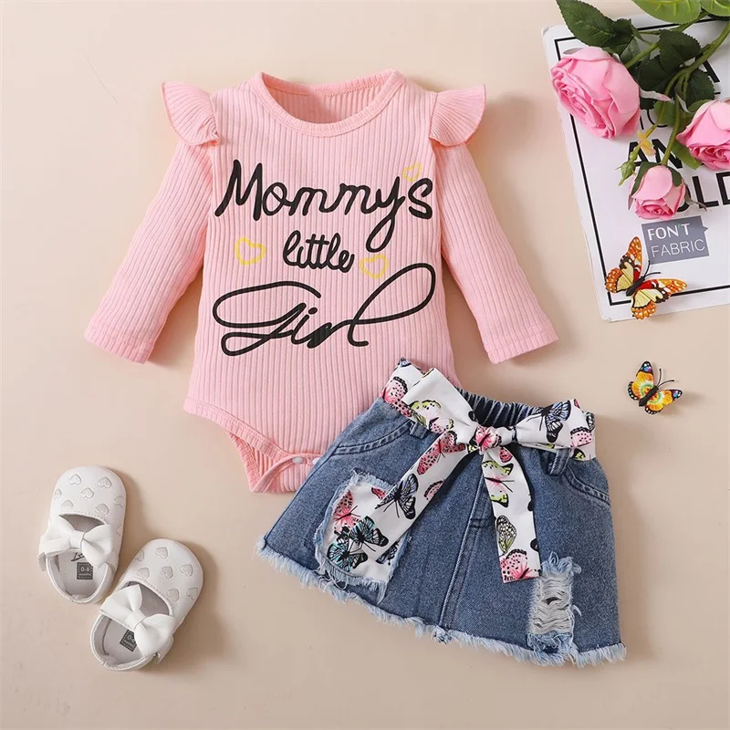 Baby Girls Outfits Round Neck Long Sleeve Letter Print Romper and Ripped Denim Belted Skirt Toddler Clothes Set Streetwear