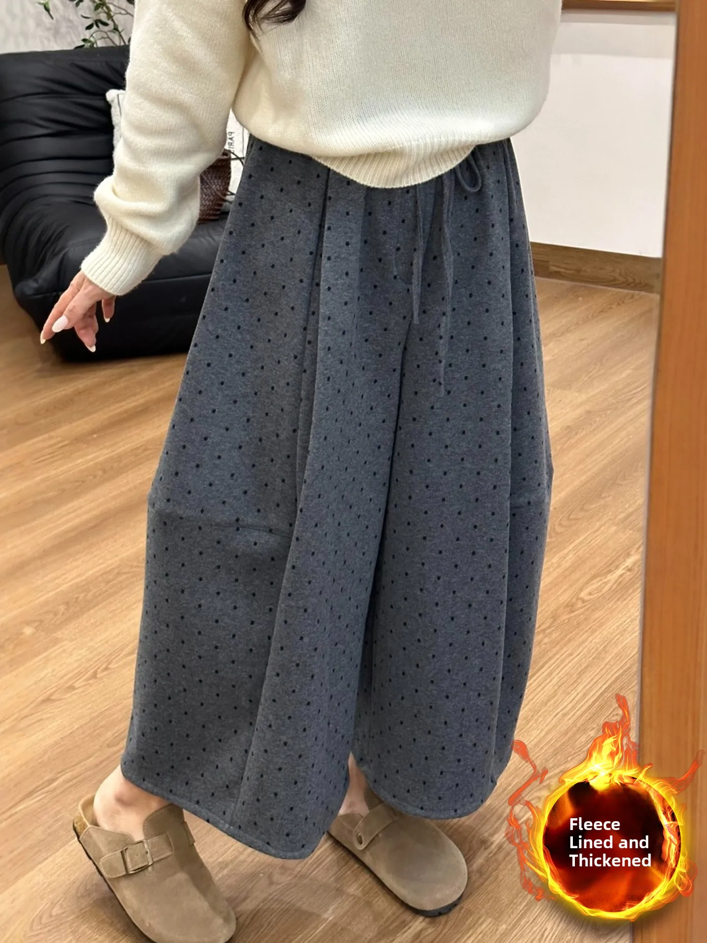 

Женские шерстяные брюки-баллоны в горошек с эластичным поясом на шнурке, утепленные, осенне-зимние, повседневные, укороченные