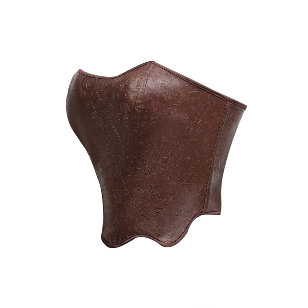 Brown Vintage PU Faux Leather Corset Crop Top Women Push Up Strapless Bodice Pressed Flower Fishbone Shaping Overbust Bustiers