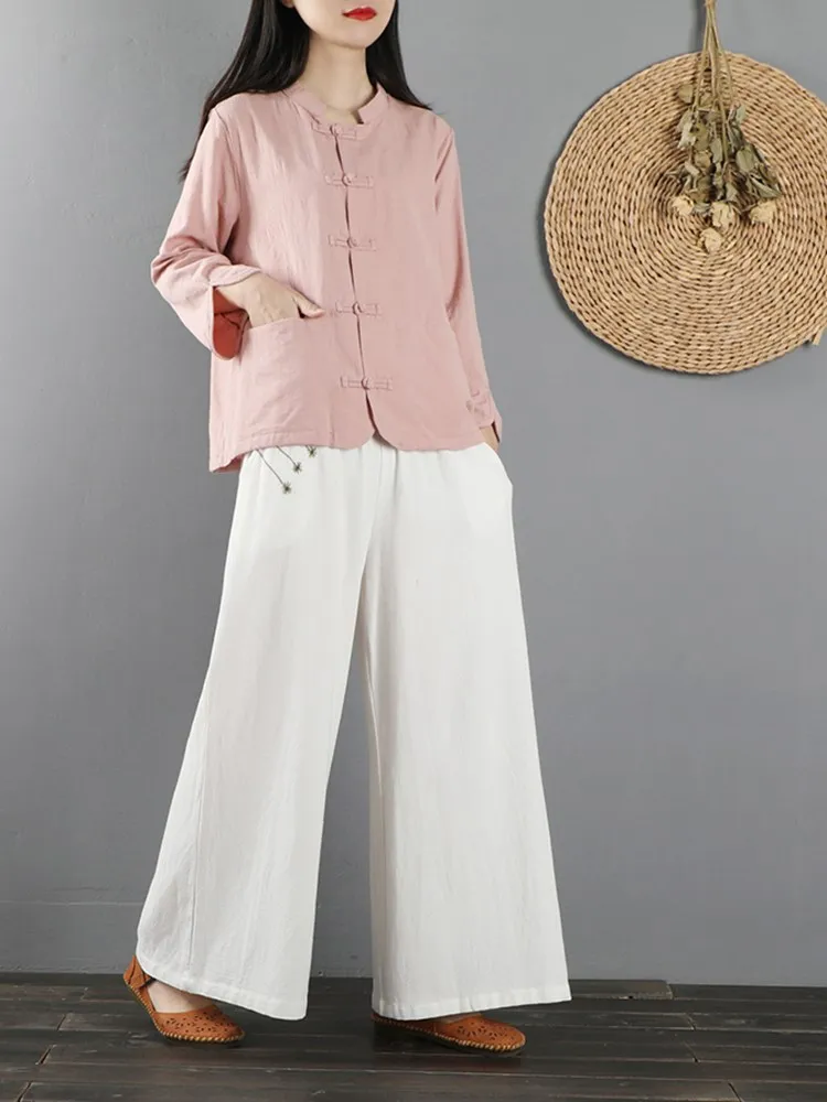 레트로 코튼 린넨 여성용 봄 2023 신상 슬레 내셔널 슬레 윈드 디스크 버튼 다도복 루즈핏 롱 슬리브