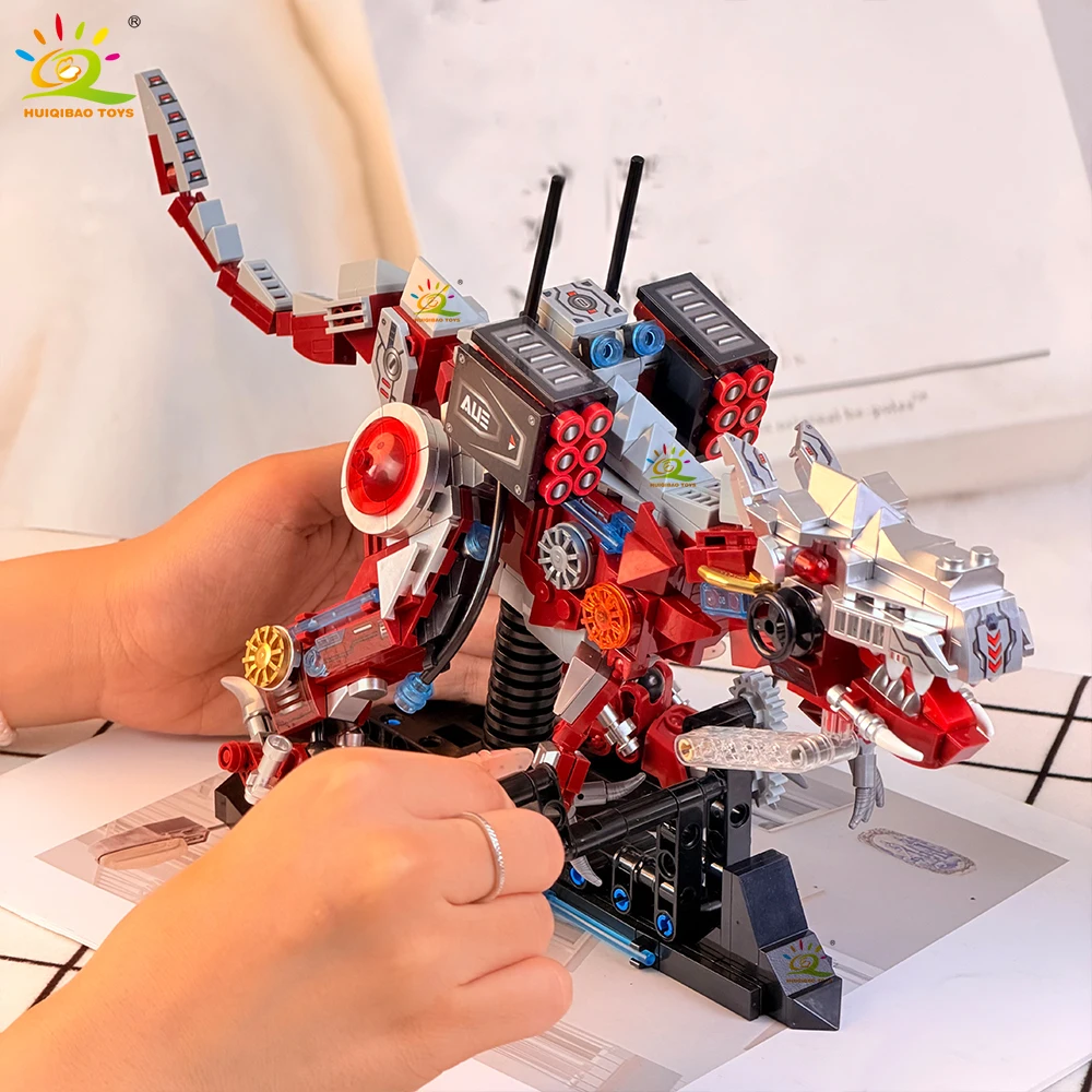 HUIQIBAO MOC Mechanical Tyrannosaurus Rex Building Blocks Movable Dinosaur Model with Display Stand Assembly Bricks Toy Ornament