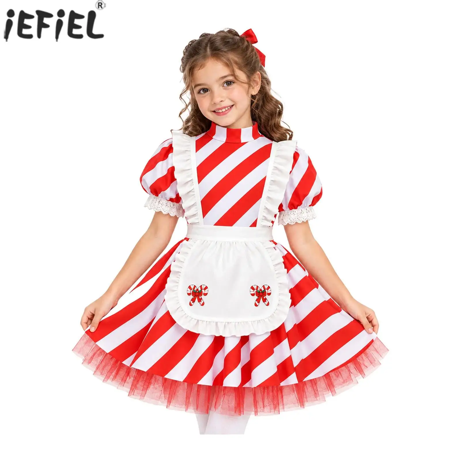 Kids Girls Christmas Candy Cane Costume Lace Trim Puff Sleeves Tulle Lining Striped Dress with Ruffles Apron for Festival Party view 2