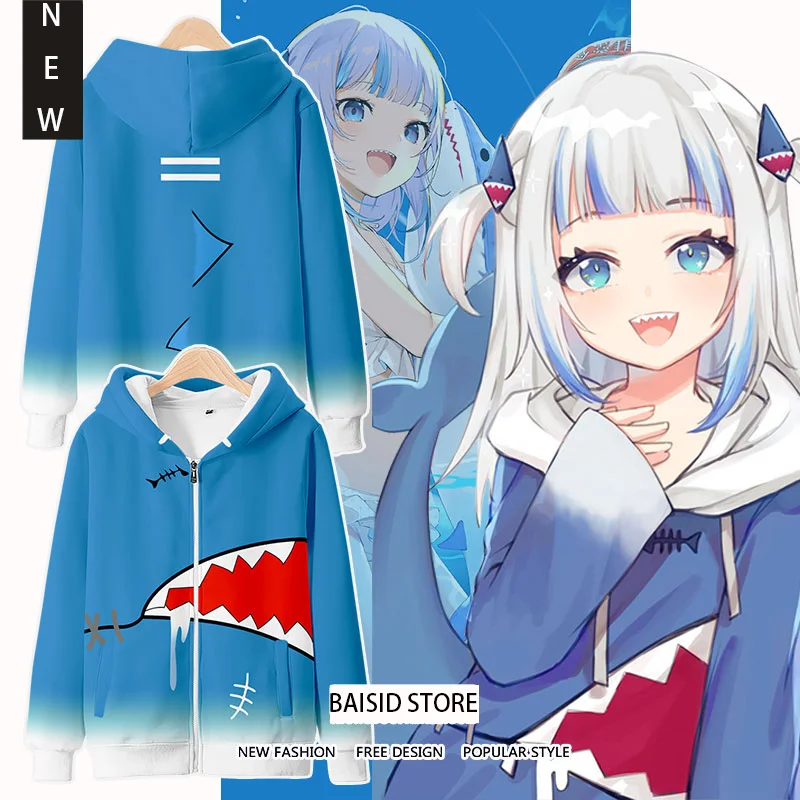 2022 new anime Gawr Gura cosplay 3D printing zipper hoodies unisex harajuku casual four seasons zipper hooded men Clothes