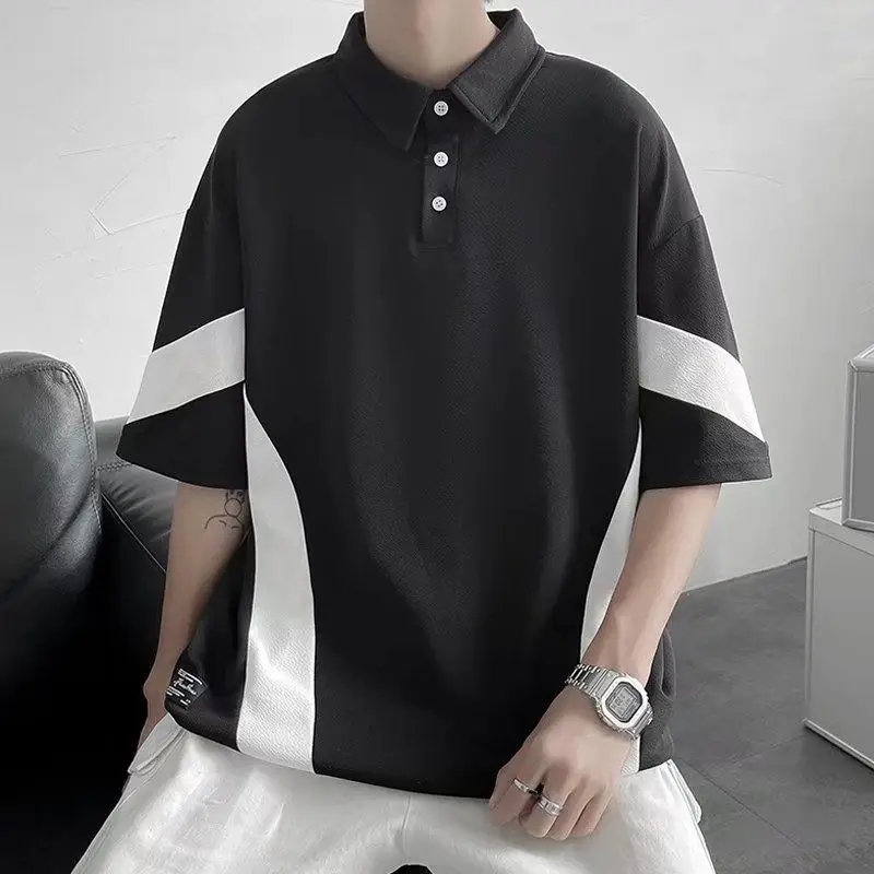 

Summer Stripe Golf Wear Men Short Sleeve Polo Shirt Fashion Men Clothing Loose Black and White Splice Top Polos Para Hombre