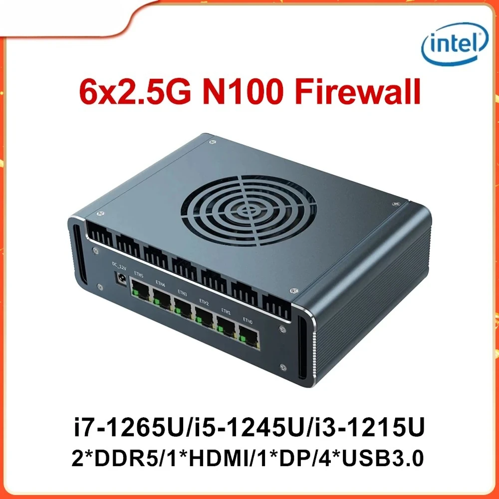 12/13° Mini PC, i7-1265U/i5-1345U/i3-1215U/N150, Mini server industriale con router firewall, 6x2,5G Intel i226-V, Proxmox/pfSense