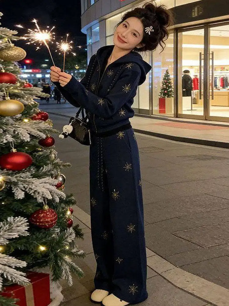 

Корейский модный свободный повседневный женский комплект с толстовкой на молнии с принтом и брюками, длинные брюки с высокой талией, весенняя сезонная одежда