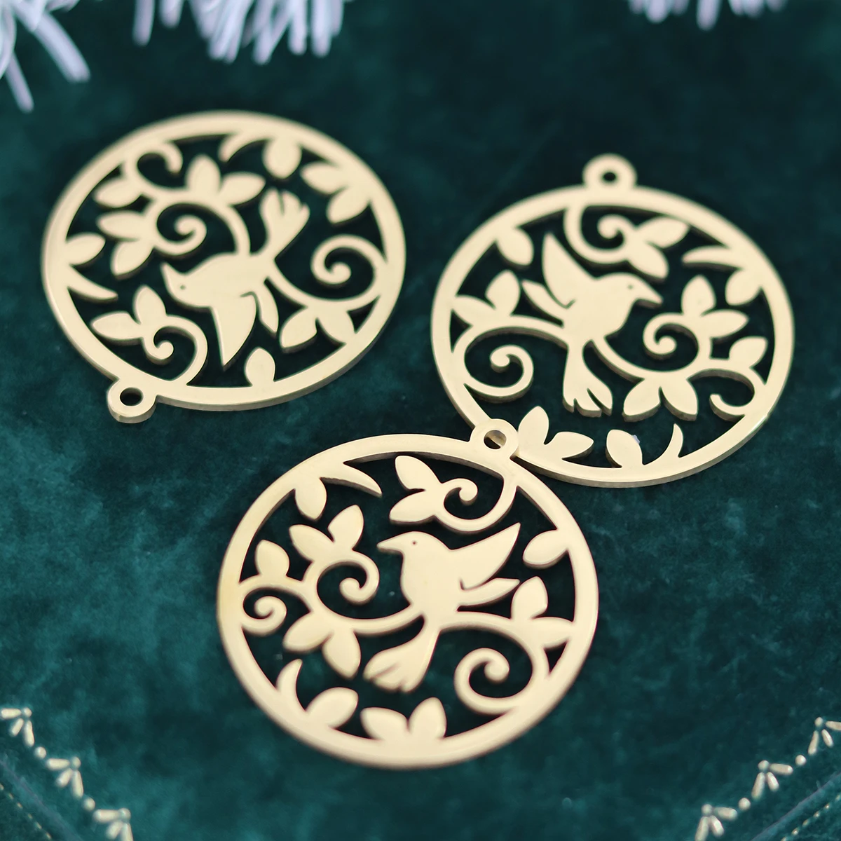 3PCS Exquisite Filigree Flying Bird Leaf Round Hollow Charms Necklace Earrings Jewelry Making Stainless Steel Pendant diy Metal