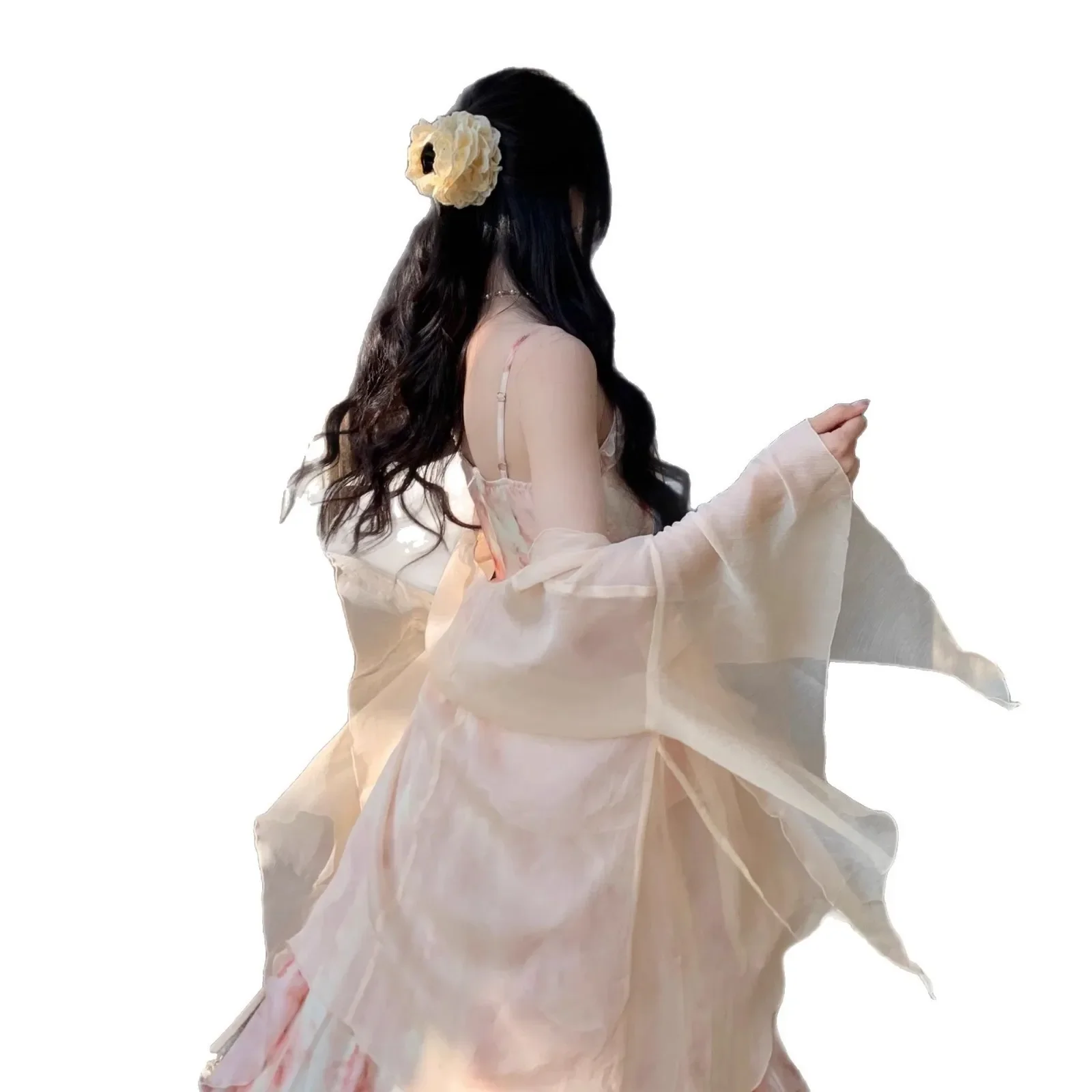 صيف 2025 إديث لوحة زيتية متدرجة طباعة الإمبراطورية الخصر مطوي هيم حمالة ثوب الكورية نمط فستان طويل أنيق