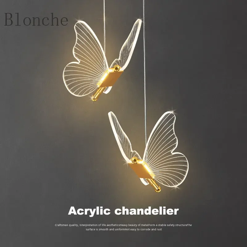 Led Acrylic Butterfly Pendant Lamp Lustre Chandelier for Dining Room Bedroom Bedside Hanging Lamp Home Decor Lights Luminaire