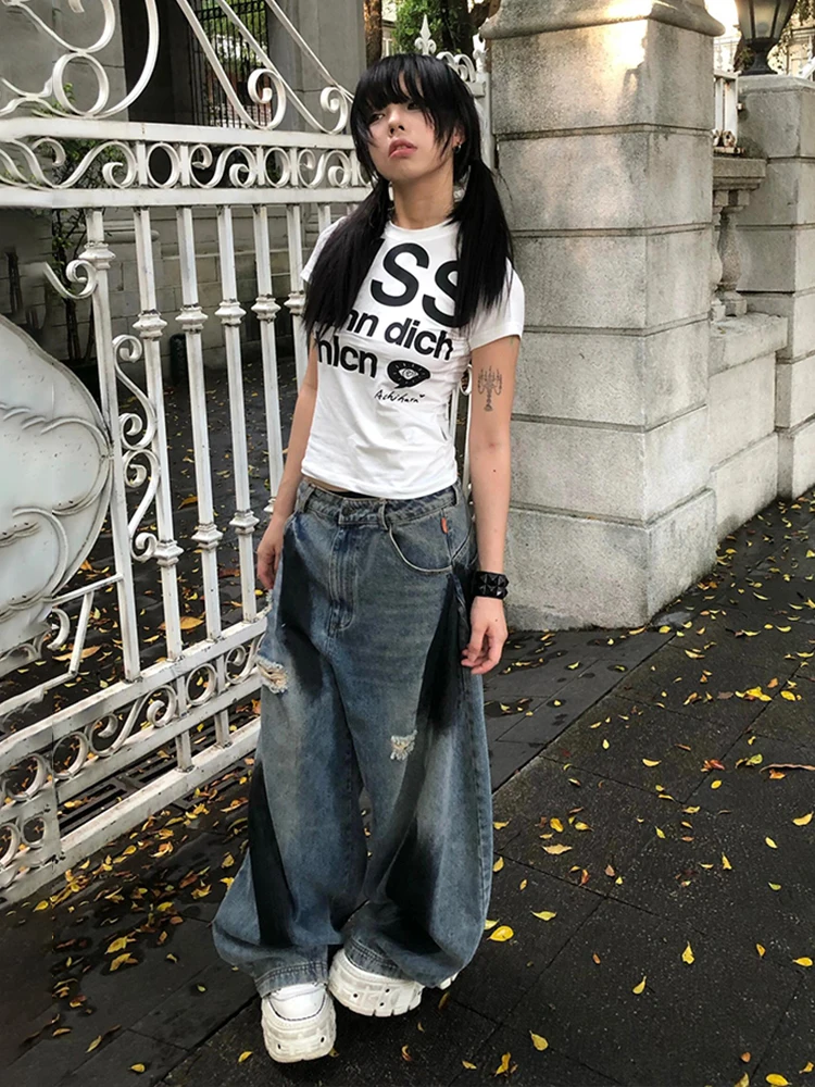 Tonngirls American Retro Print Crop Tops Short Sleeve Skinny Y2k Grunge Tops 2000s Japanese Vintage Crop Tops Summer Streetwear