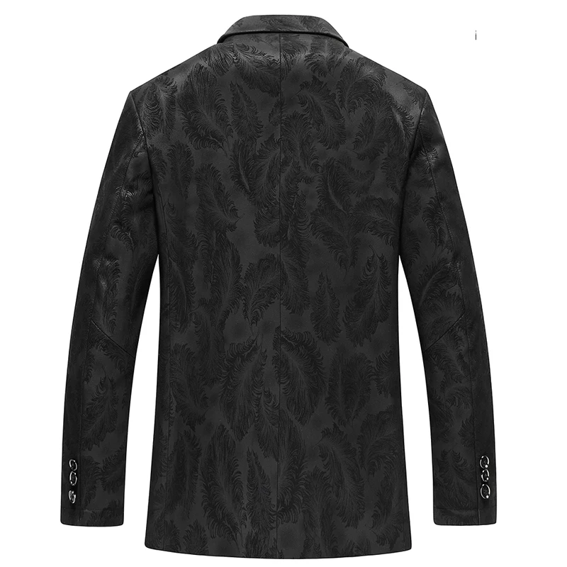 Men Clothing 2024 Male Genuine Leather Suit Collar Pocket Feather Printed Thin Jacket Slim Suit Coat Business Casual Veste Homme