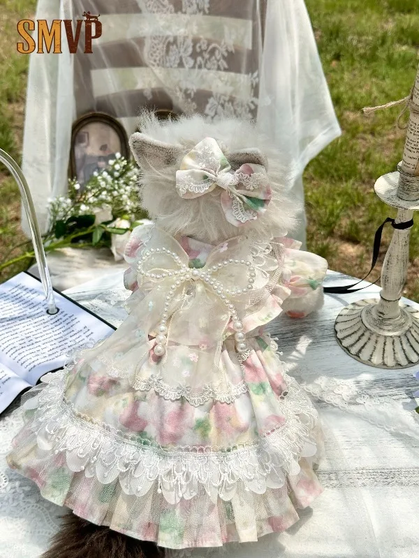 Romantic Pastel Floral Butterfly Pet Gown Multi-Layer Lace Tulle Frilly Dress Big Pearl Bow Decor Costume for Pets Daily Clothes