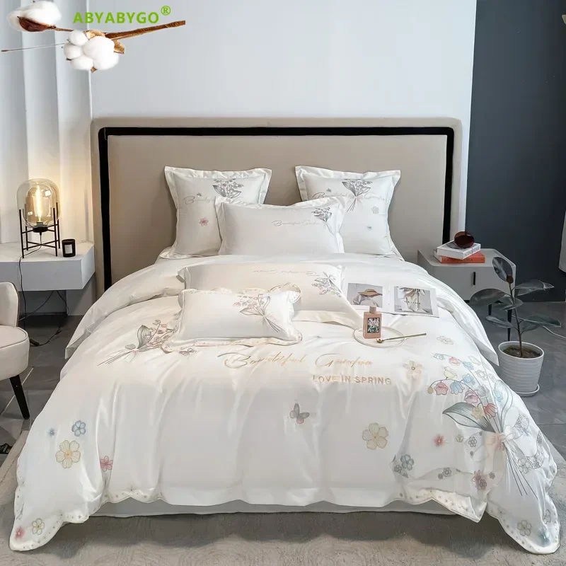 Luxury 100% Egyptian Cotton Bedding Set Luxury Chic Flowers Embroidery Princess Duvet Cover Set Bed Sheet Set with Pillowcases