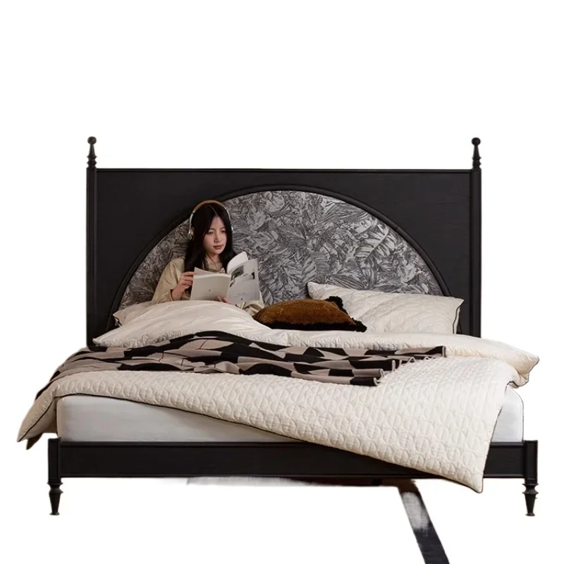 

French retro solid wood bed oak double bed antique simple master bedroom soft bag bed American light luxury flush