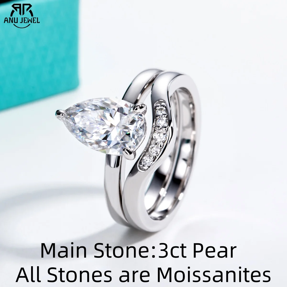 

AnuJewel 3ct Pear Cut D Color Moissanite Bridal Ring Set Silver Wedding Band Promise Rings Anniversary Jewelry Gifts for Women