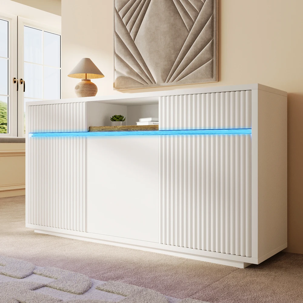 Weißes LED-Sideboard, 140x40x85cm, Moderner Aufbewahrungsschrank mit 2 Schubladen & 3 Türen, Verstellbare Regale, Holz-Buffetschrank, Multifunktionaler Freistehender Vitrinenschrank,