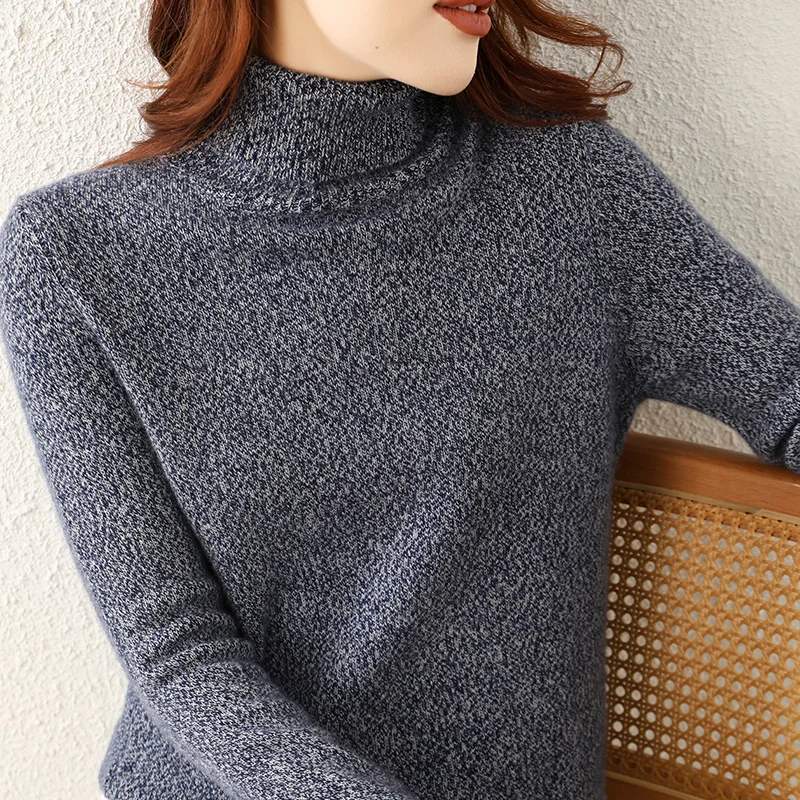 Autumn/Winter New 100% Pure Cashmere Pullover Casual Solid Color Knitted Ladies Tops Loose Turtleneck Sweater Wool Blouse Thick