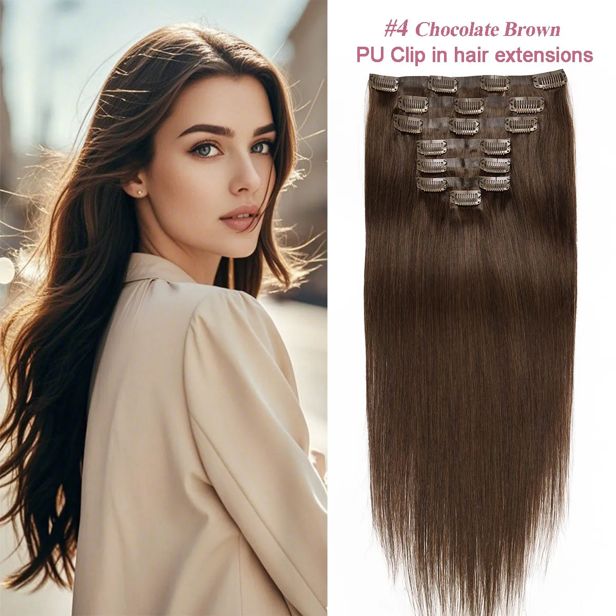 

Seamless PU Clip-In Hair Extensions Real Human Hair Invisible Skin Weft Human Hair Extension for Quick Hair Length Volume Change