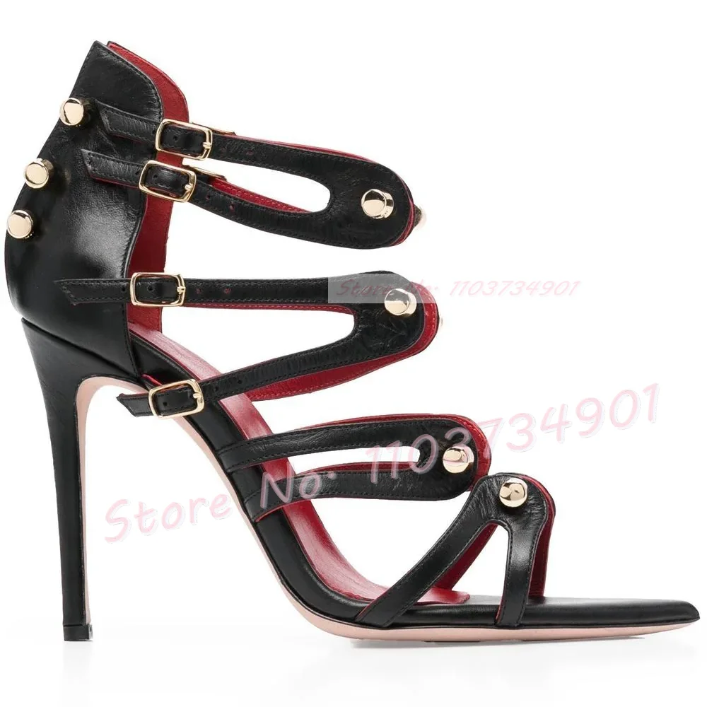 Metal Rivets Stiletto Sandals Lady Belt Buckle Pointy Toe Sandals Women Fashion Open Toe Sexy Chic Elegant Party Big Size Shoes