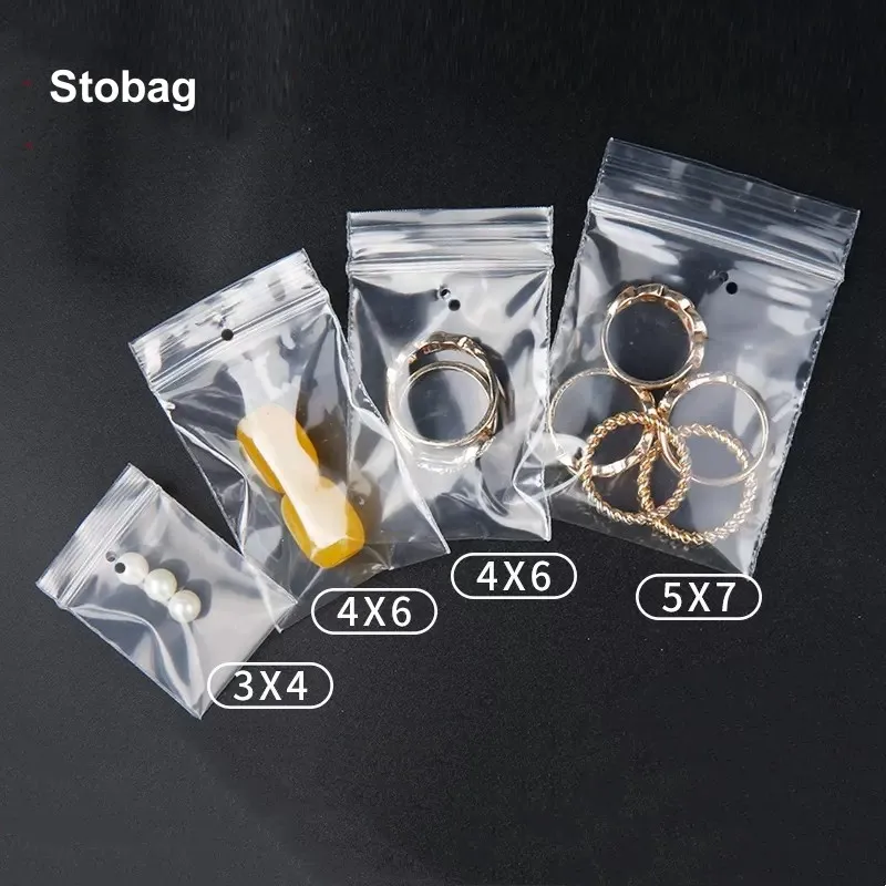 StoBag 100pcs Plastic Transparent Ziplock Small Bag with Hang Hole Sealed Jewelry Packaging Clear Button Storage Reusable Pouch