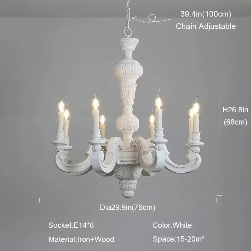 Europese vintage hanglamp van hout, retro kroonluchter voor boerderijstijl, met gegraveerde kaarsen, voor woonkamer en slaapkamer.