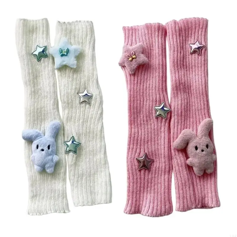 U4LF 2000s Fingerless Gloves for Theme Party Subculture Rabbit Star Arm Sleeves for Night Club Arm Covers for Winter and Autumn