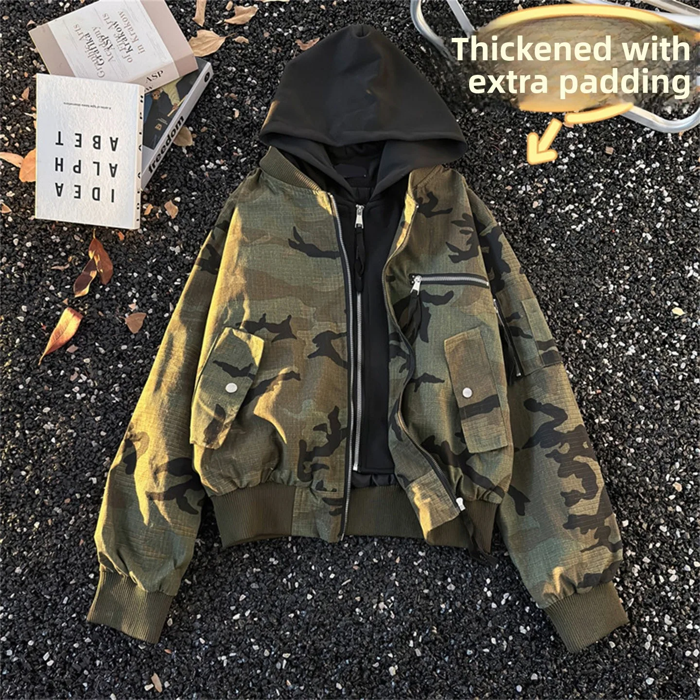 

Мужская утепленная хлопковая куртка-бомбер в американском уличном стиле с камуфляжным принтом, молодежная повседневная толстовка с длинными рукавами