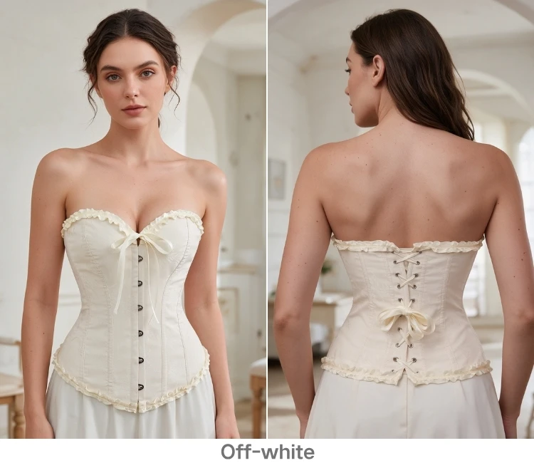 Damen Vintage Jacquard Korsett-Top, trägerlos, mit Rüschen vorne, Busk-Rücken, Schnürung, 20 Farben, für Feiertage, Partys und Abendgarderobe – Detail 27