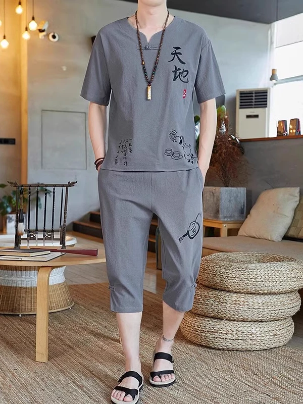 

New 2026 Men's Cotton Linen ort Sve Suit Summer Faion Embroidered Word Thin Seven-Part Casual Sportswear Two-Piece Set