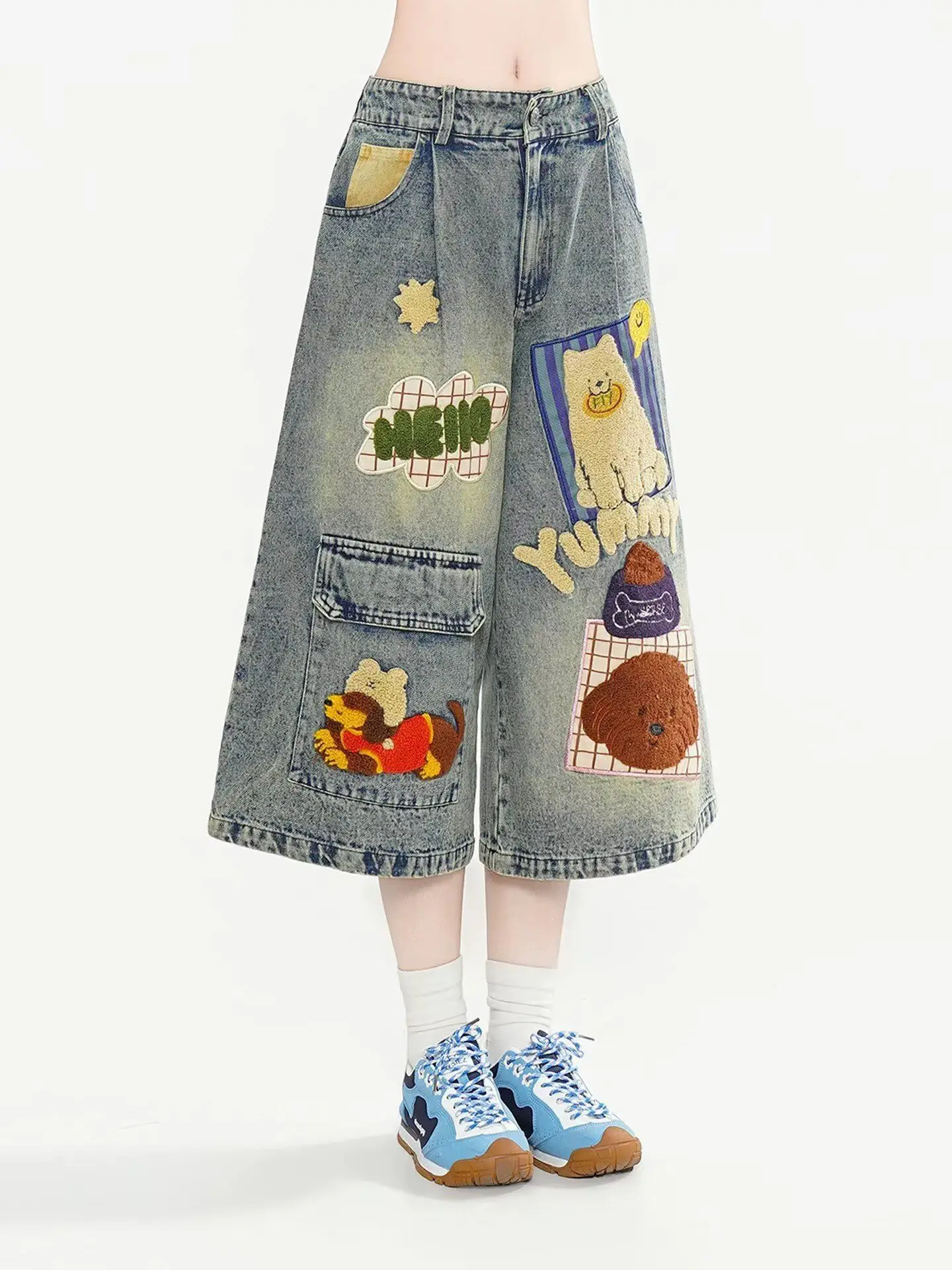 retro towel embroidery puppy multi-pocket seven-point jeans women's summer loose medium short pants trendy brand embroidery