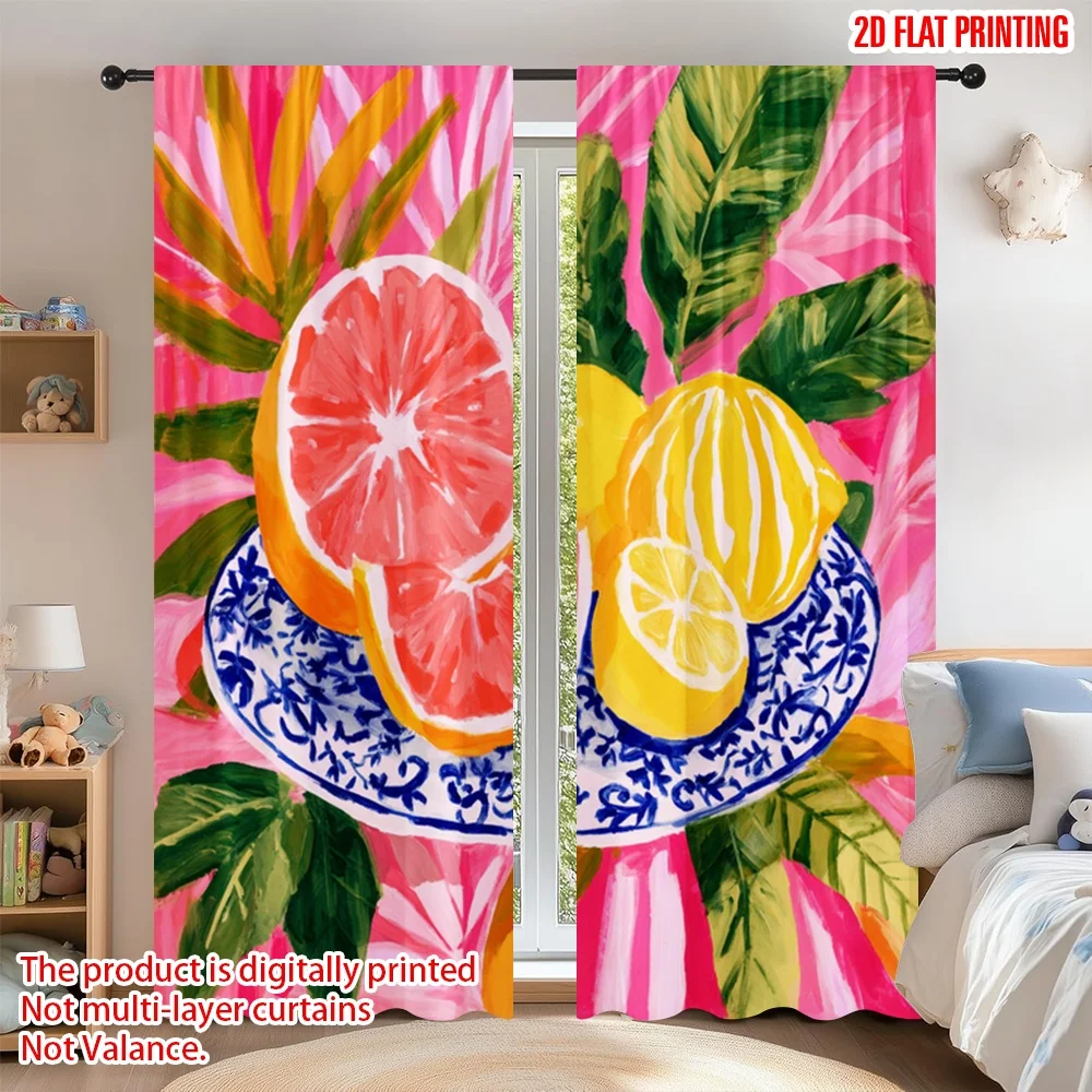 

2D flat printing 2pcs Curtain Drapes Summer Fruits Illustration Digital Printed Polyester Drapes Holiday Decorations for Booths