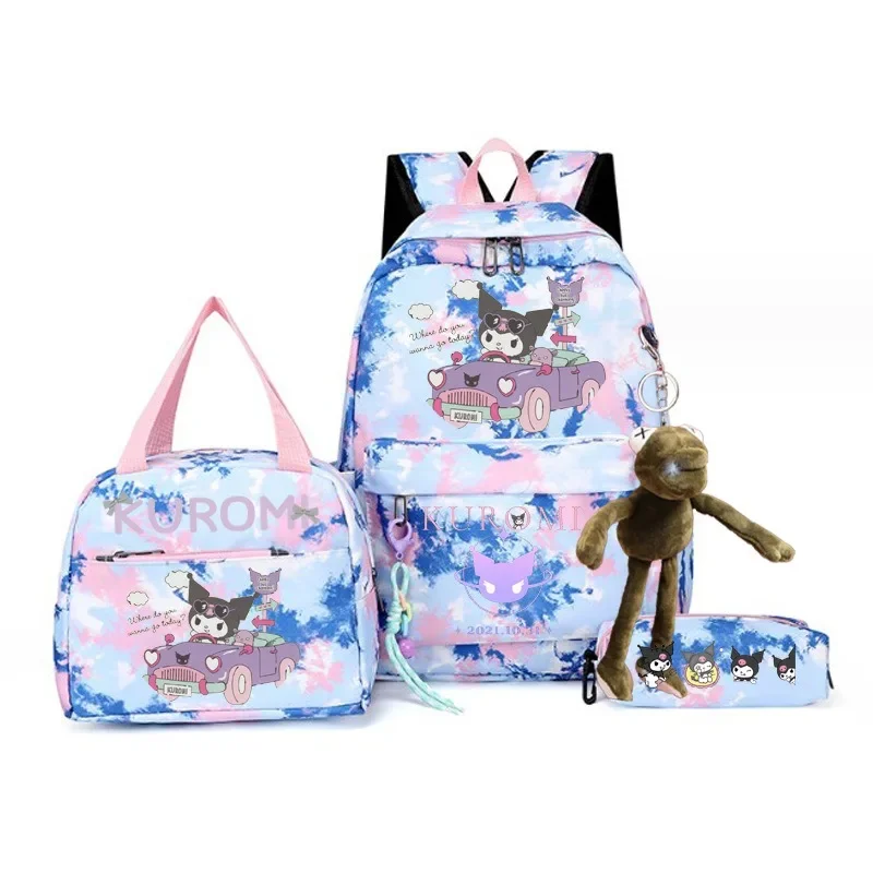 Sanrio Kuromi-mochilas escolares con estampado de dibujos animados para niñas jóvenes, bolsas de almuerzo para estudiantes, lindo conjunto de tres piezas, de gran capacidad bolso de hombro, Kawai