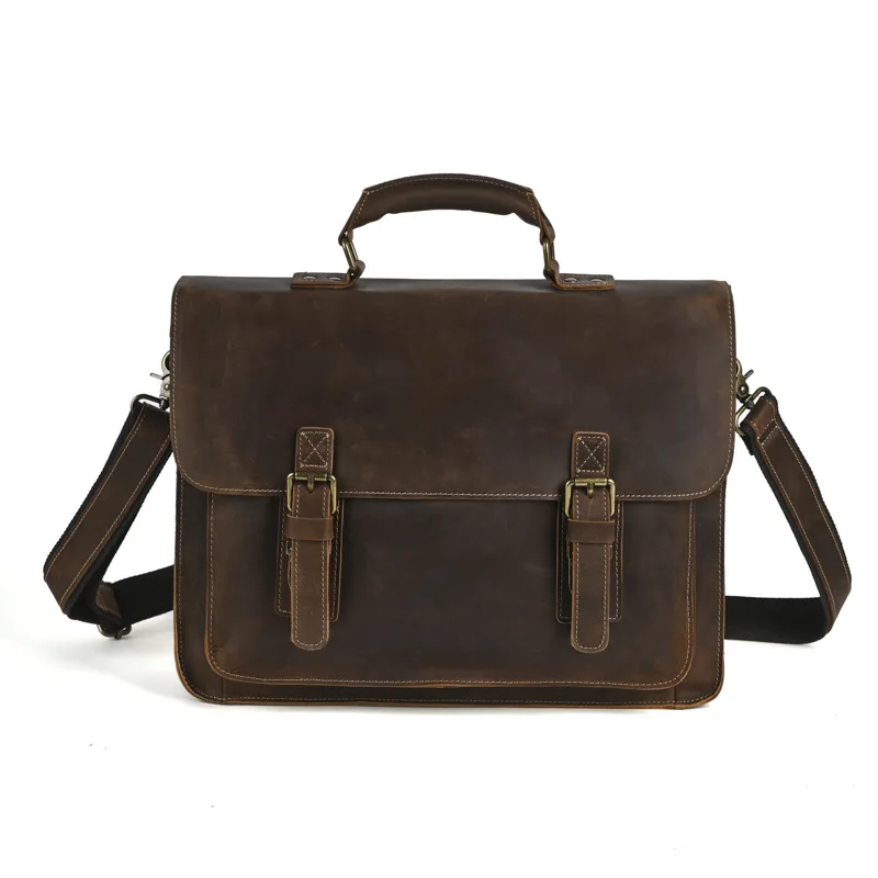 Men Genuine Leather Briefcase 15 Inch Laptop Bag Vintage Crazy Horse Leather Business Shoulder Messenger Bag for Work Office